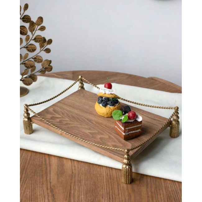 صينيه تقديم مستطيله خشبيه مطعمه بالمعدن المشغول يدويا 8090