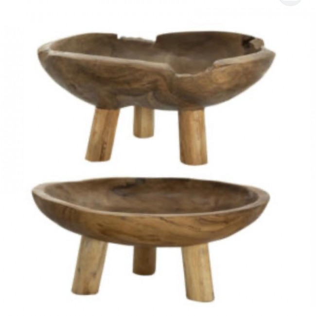 طقم صحن تقديم خشبي بارجل خشبيه منحوته يدويا العدد 2 قطعه     7868