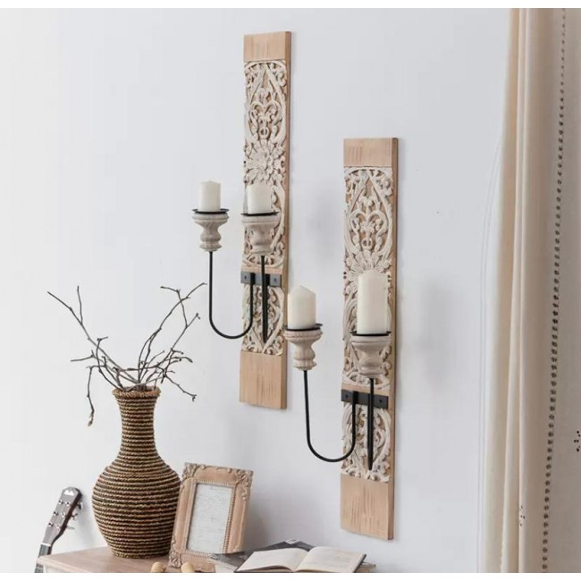 طقم شمعدان جداري بديكور خشب بستايل اوربي العدد2 قطعه 9155