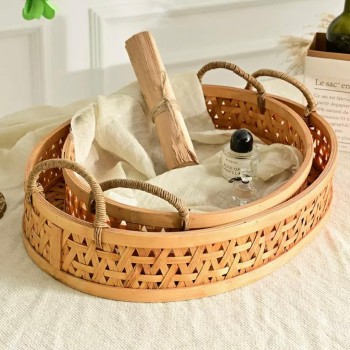 طقم صينيه  بيضاويه من الخيزران طبيعي مشغول يدويا بستايل ريفي العدد 2 قطعه 9170