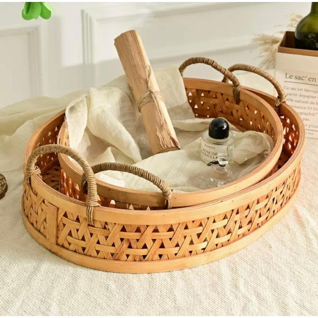 طقم صينيه  بيضاويه من الخيزران طبيعي مشغول يدويا بستايل ريفي العدد 2 قطعه 9170