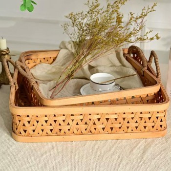 طقم صينيه من الخيزران طبيعي مشغول يدويا بستايل ريفي العدد 2 قطعه 9169
