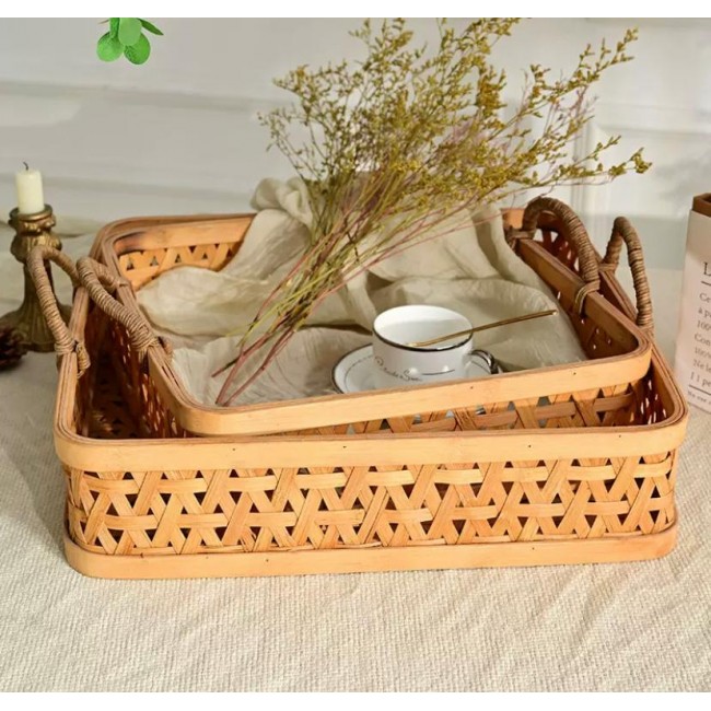 طقم صينيه من الخيزران طبيعي مشغول يدويا بستايل ريفي العدد 2 قطعه 9169