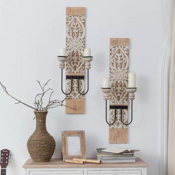 طقم شمعدان جداري بديكور خشب بستايل اوربي العدد2 قطعه 9155