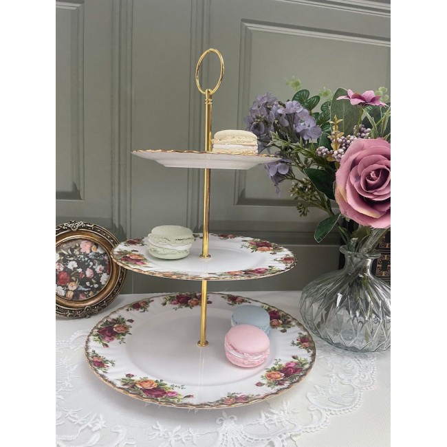 حامل حلويات سيراميك بثلاث ادوار بنقوش زهور ريفيه 8543