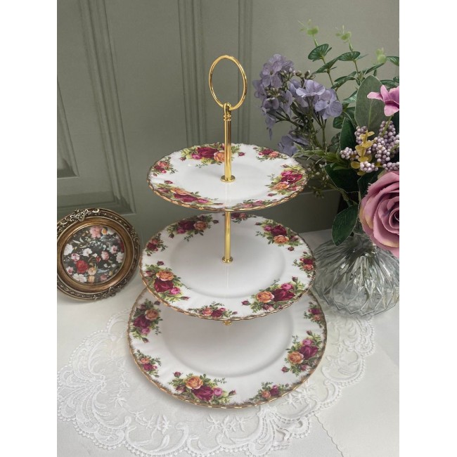 حامل حلويات سيراميك بثلاث ادوار بنقوش زهور ريفيه 8543