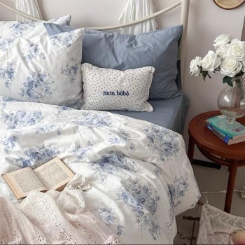 مفرش سرير قطن بنقوش ريفيه زرقاء 4قطع لنفرين  8603